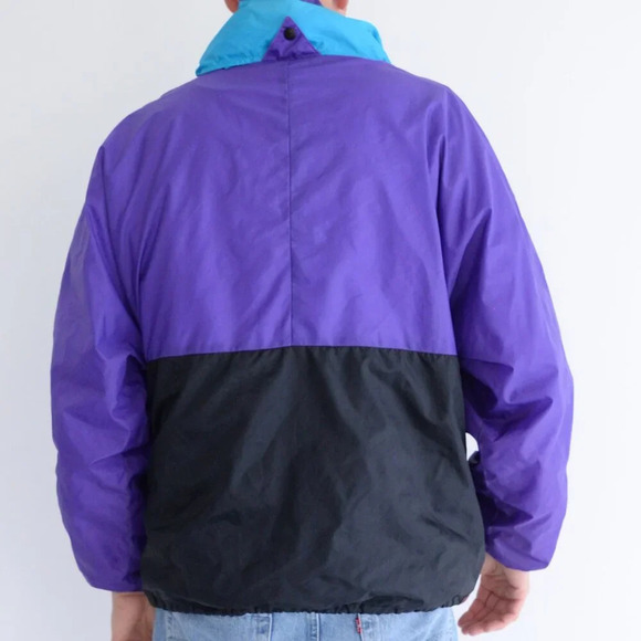 80S Active Spirit Purple Teal Zip Up Nylon W/ Hidden Hood Lined Windbreaker Coat - Picture 4 of 14